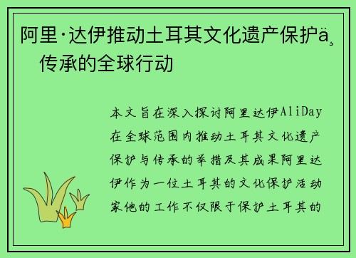 阿里·达伊推动土耳其文化遗产保护与传承的全球行动